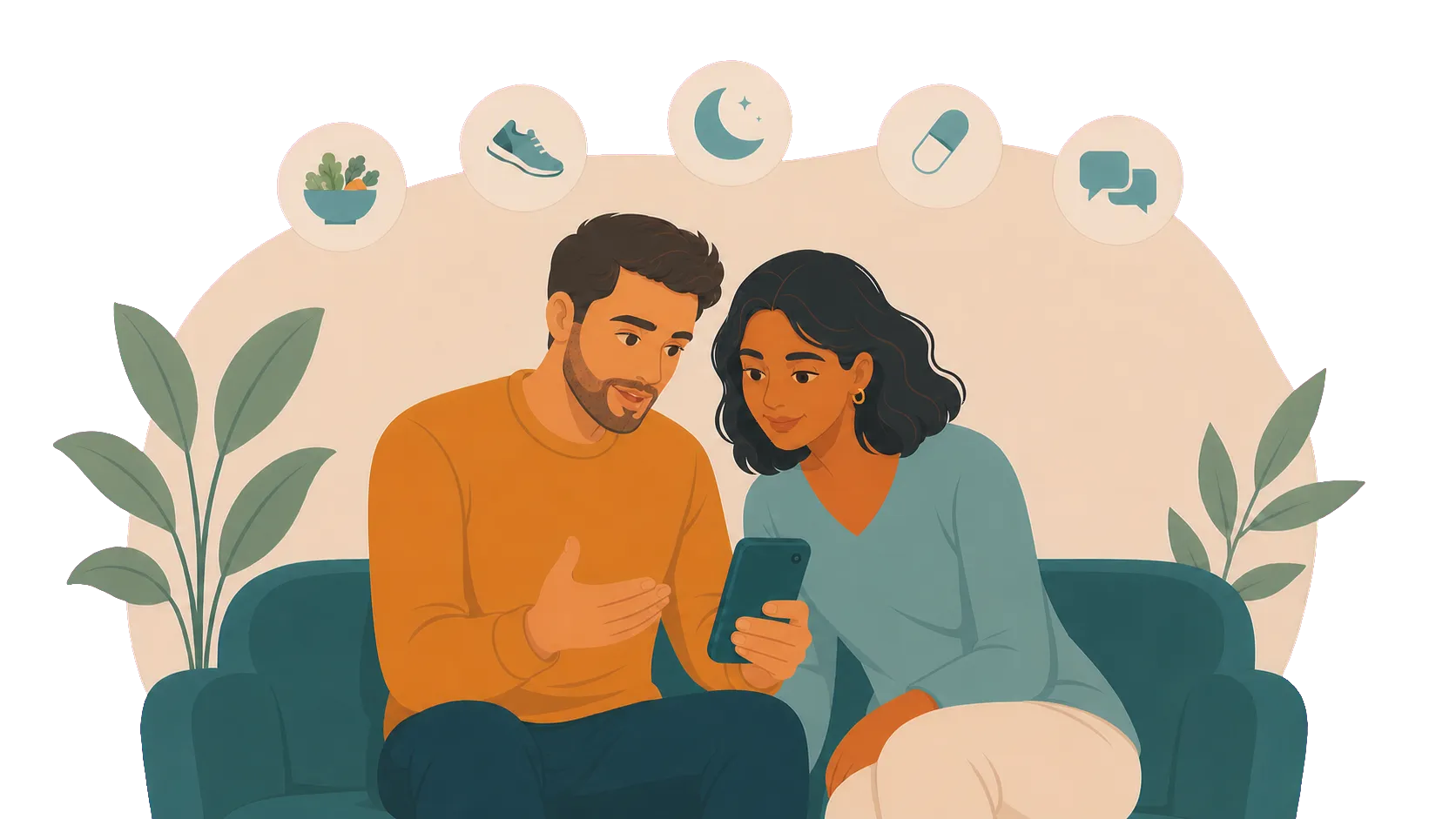 Two adults review Know Your Labs beneath symbols for nutrition, exercise, sleep, supplement considerations, and doctor discussions